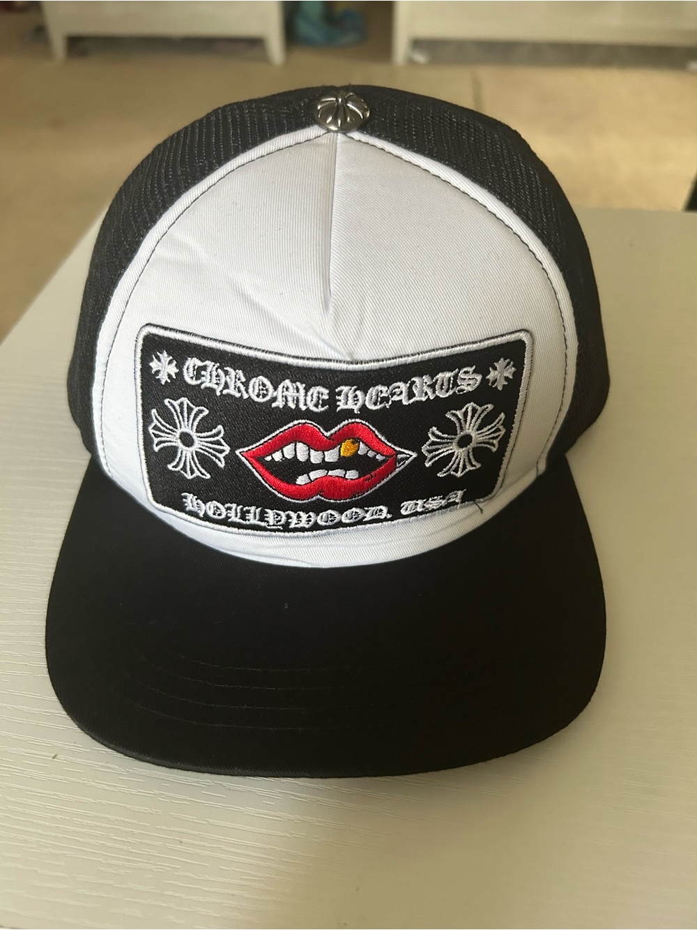 Chrome Hearts Black and White Mesh Trucker Cap with Logo Trim